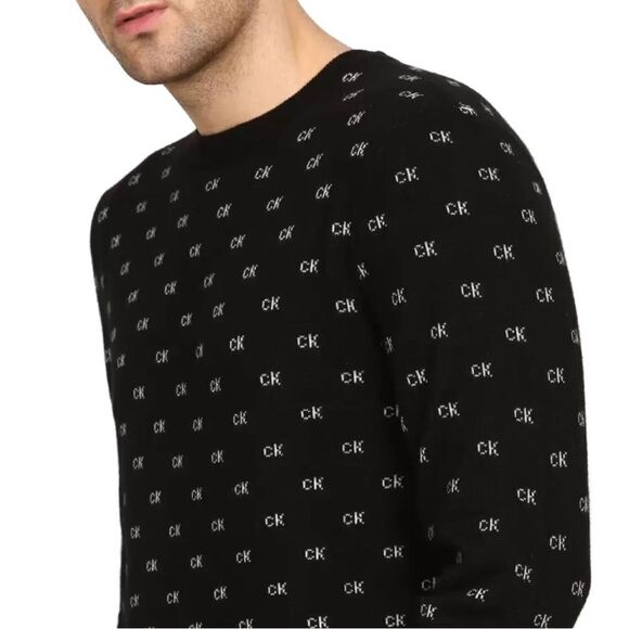 Calvin Klein Black Wool Blend CK Logo Pattern Crewneck Pullover Sweater - Picture 4 of 8